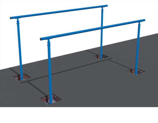 Drop on the System 60 horizontal beams, drill, self-tap fasten and cap. Drop the System 60 uprights over the feet, bolt thru and cap,drop in the System 60 collar and rafter supports, bolt thru and cap.